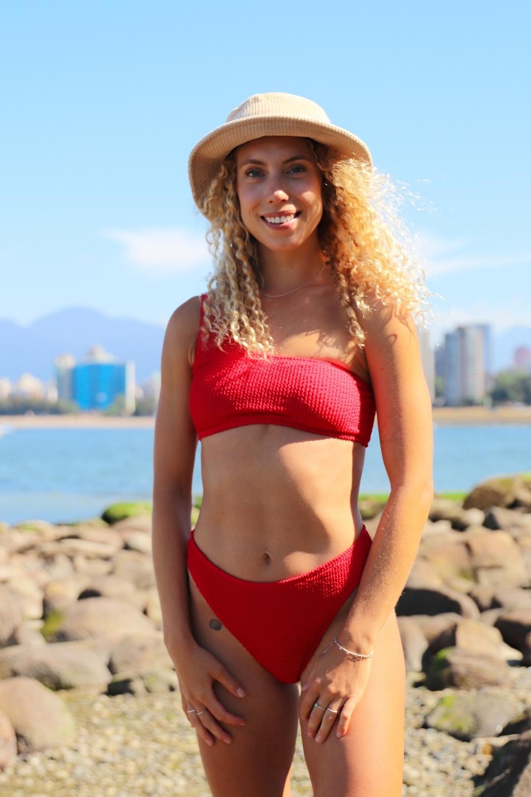 One Shoulder Crinkle Bikini Top | Cherry Red